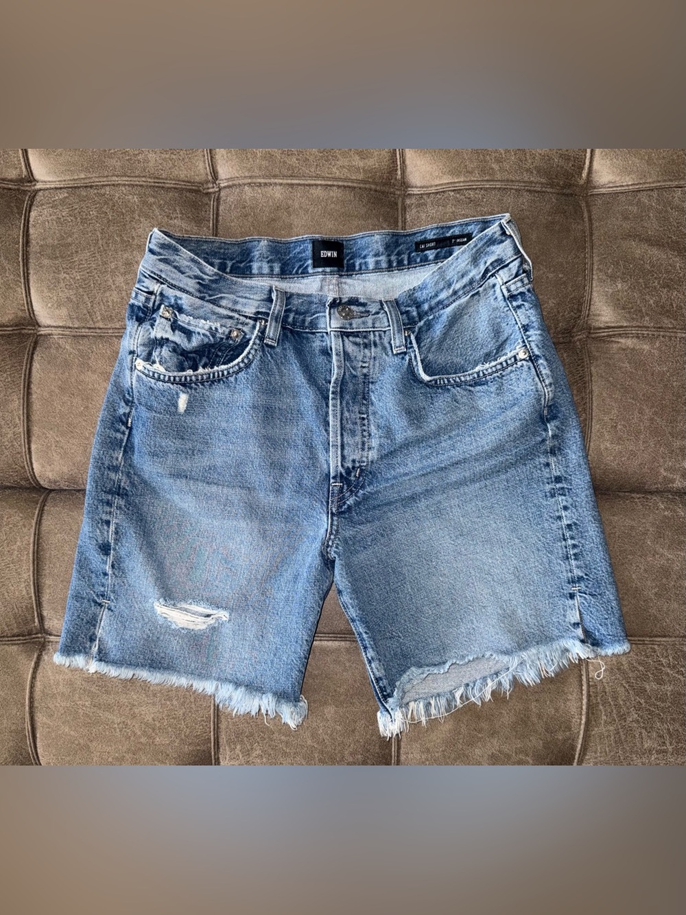 Edwin CAI 7” Inseam Blue Distressed Denim Cutoff Shorts